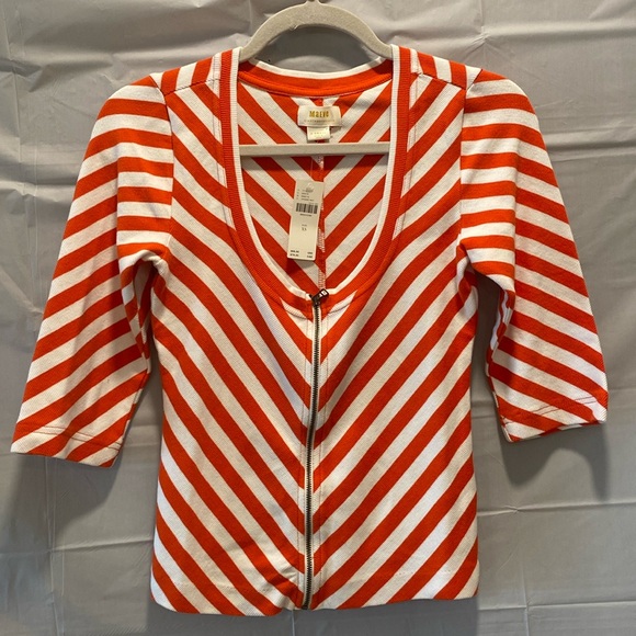🆕 ANTHROPLOGIE'S MAEVE Red Orange Chevron Striped Front-Zip Scoopneck Top XS - Picture 4 of 14
